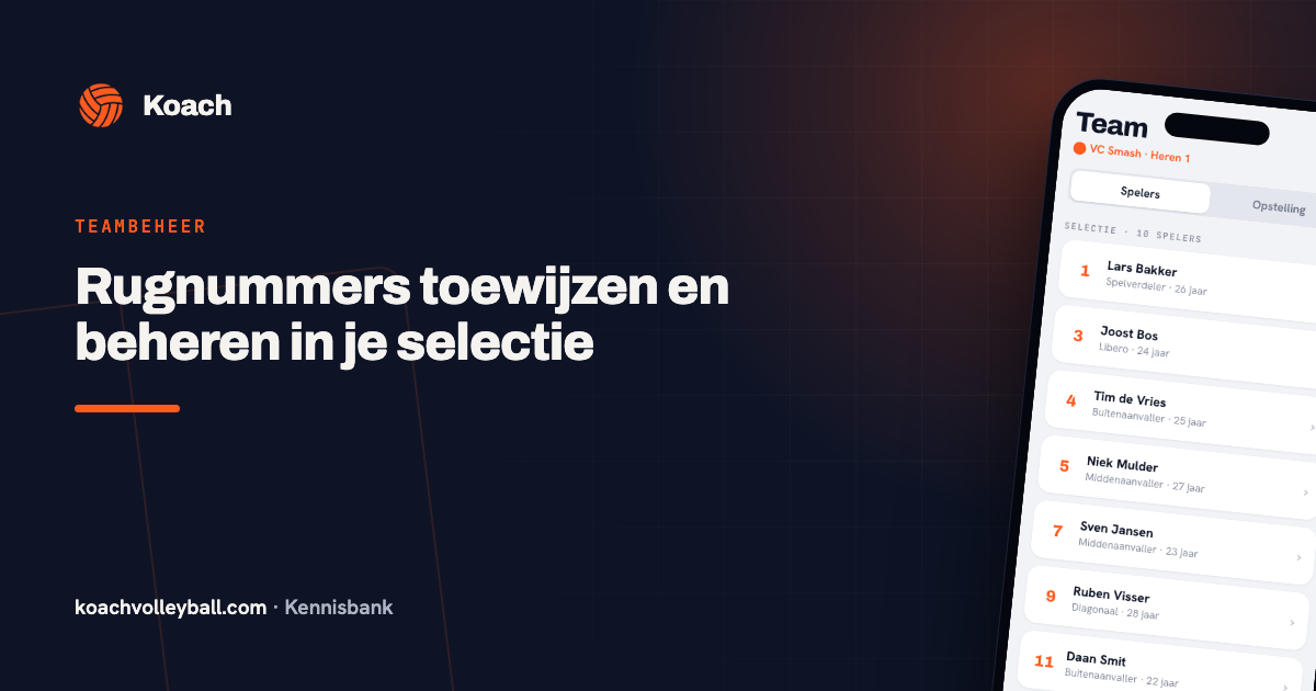 Spelerslijst in de Koach-app met rugnummers en posities per speler