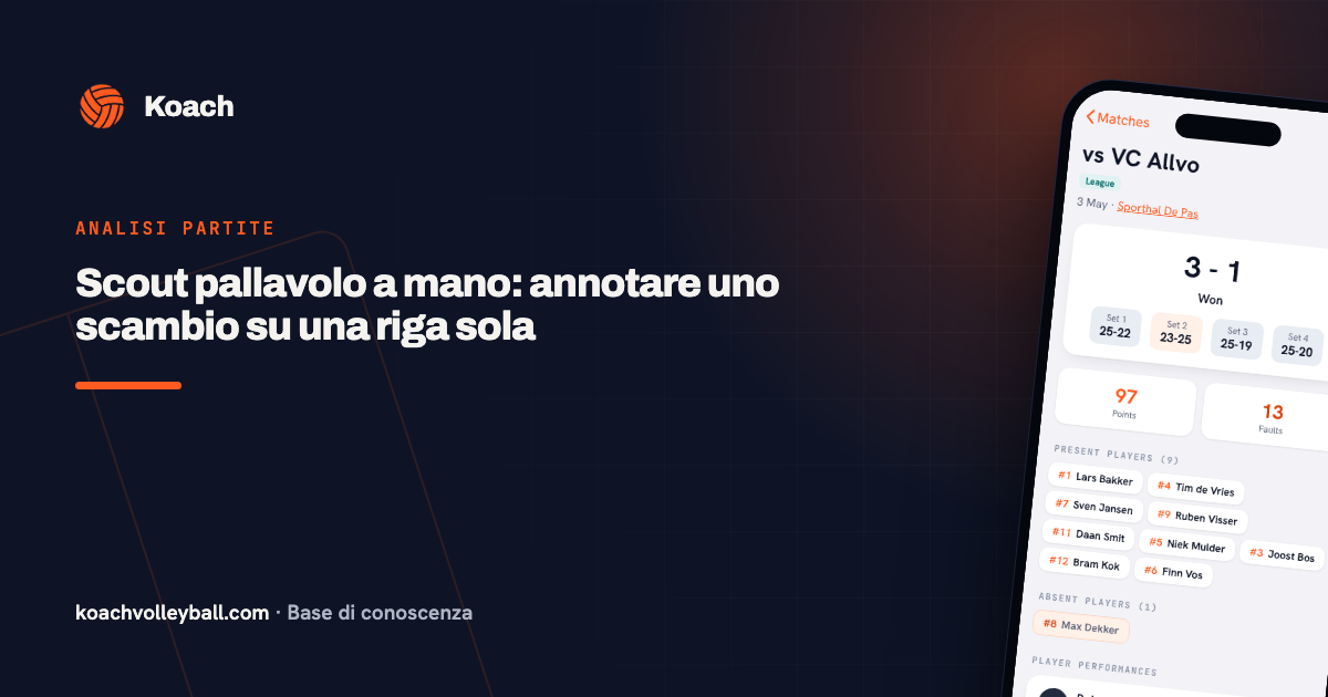 Scout pallavolo a mano: annotare uno scambio su una riga sola