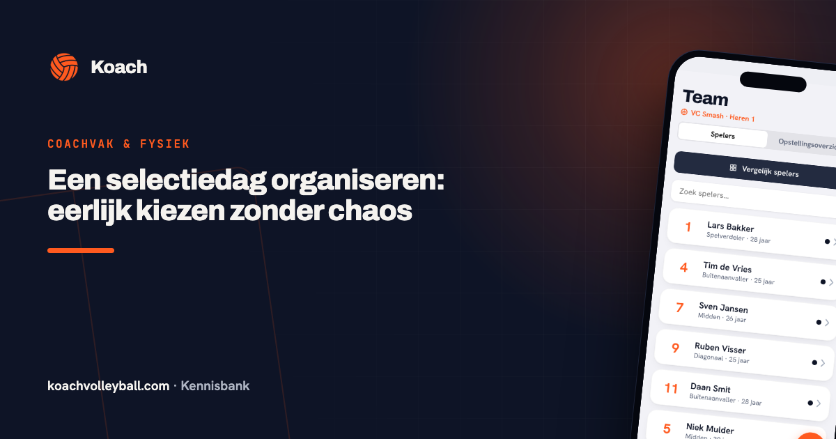 Teamoverzicht in de Koach-app met de nieuwe selectie na de selectiedag
