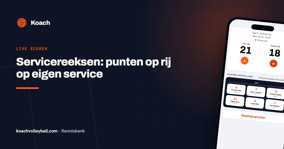Live-scherm van de Koach-app met de service-indicator en de scorereeks van de serverende speler