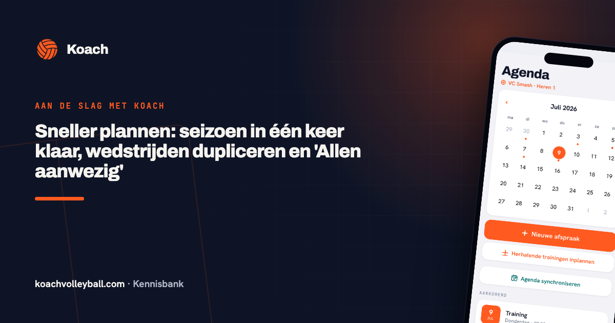 De agenda in de Koach-app met trainingen en wedstrijden van het seizoen