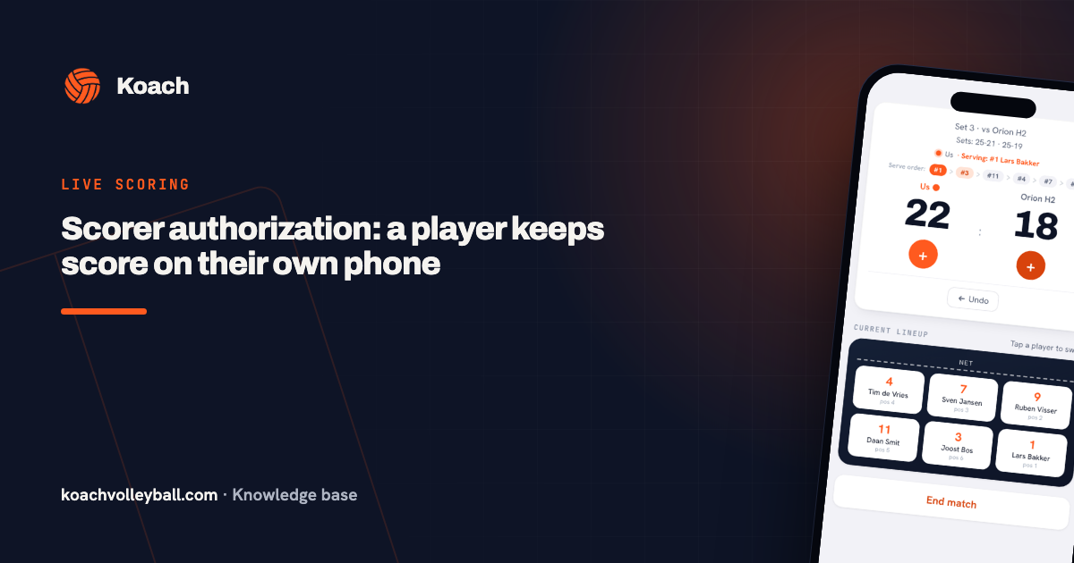 Live-scorescherm in de Koach-app, bediend door een gemachtigde speler op de eigen telefoon