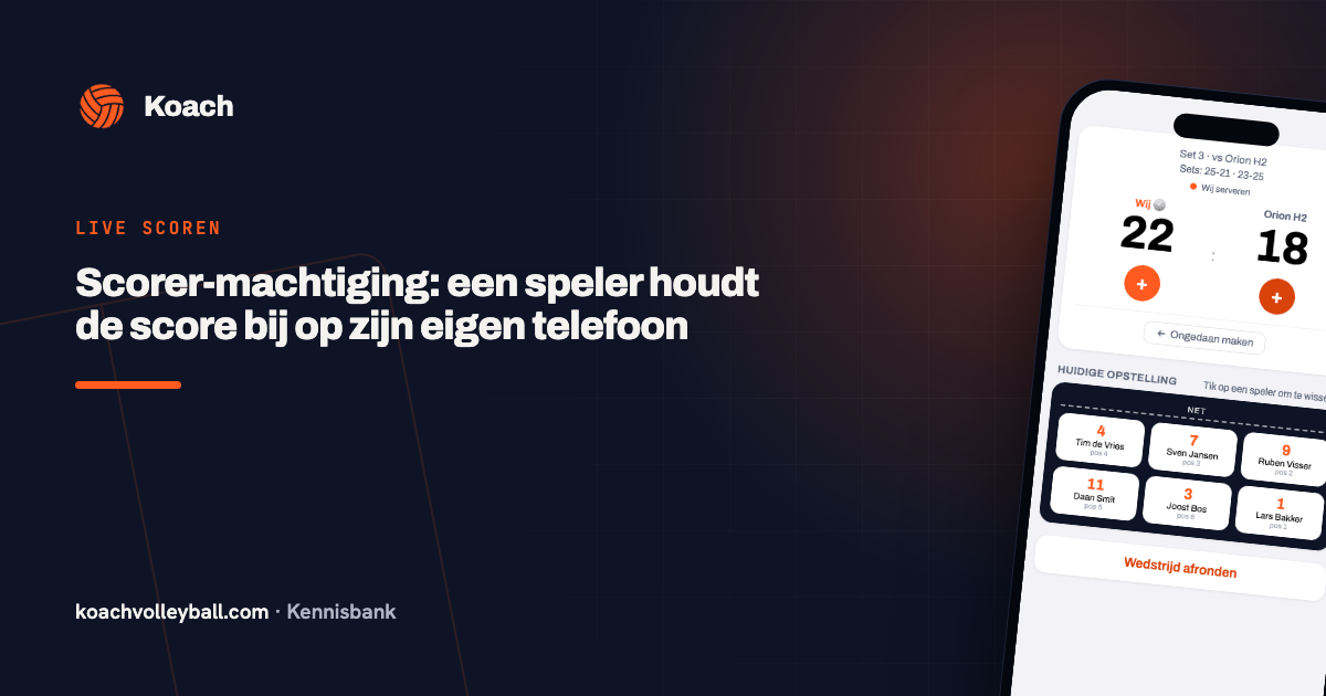 Live-scorescherm in de Koach-app, bediend door een gemachtigde speler op de eigen telefoon