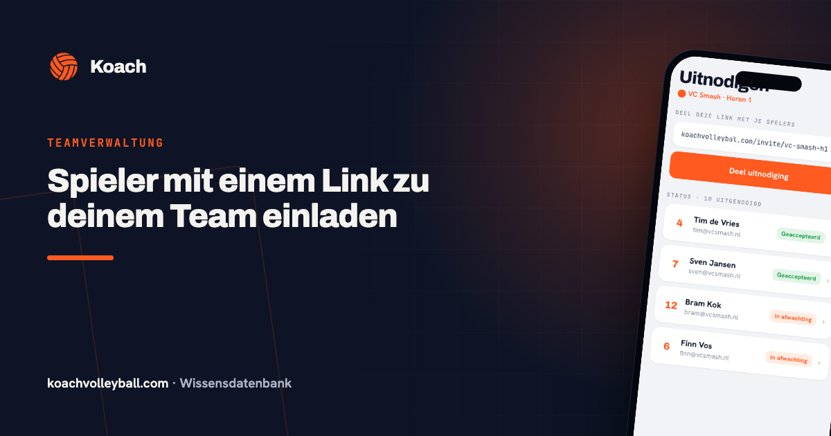 Uitnodigingsscherm in de Koach-app met deelbare link en acceptatiestatus per speler