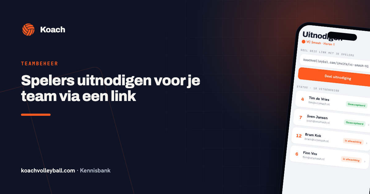 Uitnodigingsscherm in de Koach-app met deelbare link en acceptatiestatus per speler
