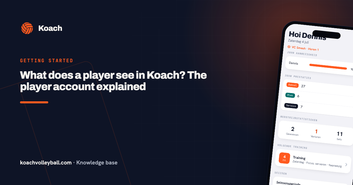Het spelersaccount in Koach: dashboard 'Mijn overzicht' met aanwezigheid en eigen punten