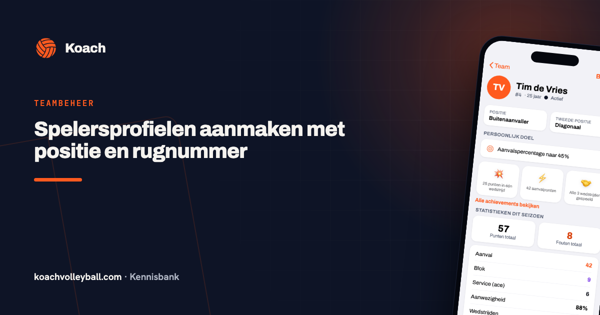 Spelersprofiel van Tim de Vries in de Koach-app met positie, doel en statistieken