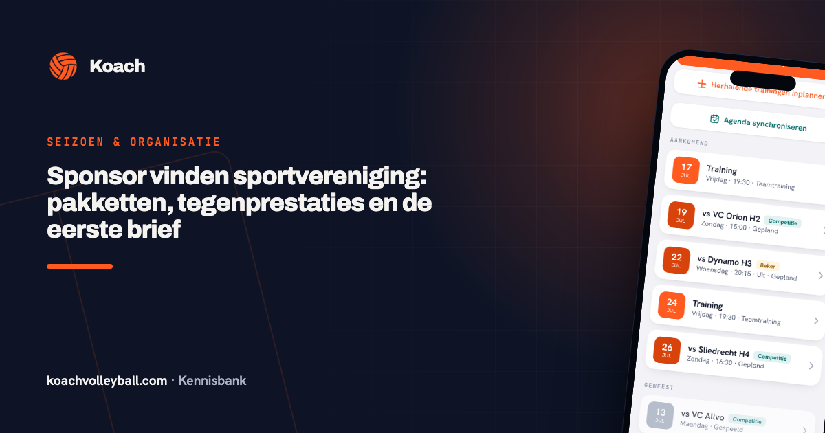 De agenda in de Koach-app met de komende trainingen en wedstrijden, waarbij bij de uitwedstrijd tegen Dynamo H3 het woord Uit staat