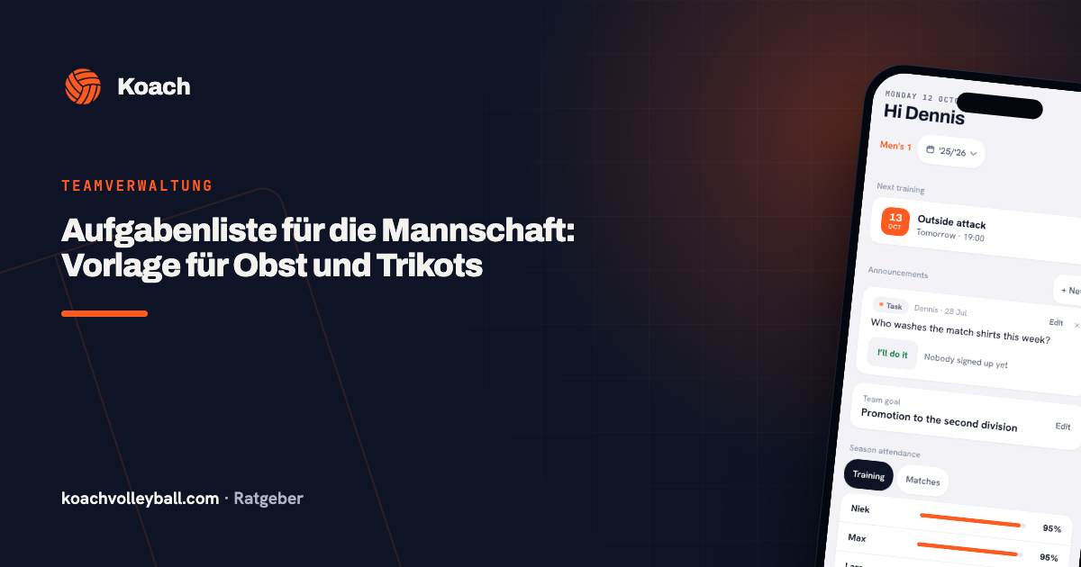 Aufgabenliste für die Mannschaft: Vorlage für Obst und Trikots