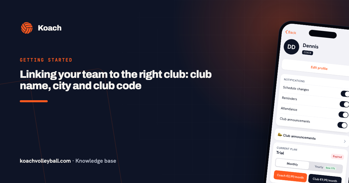 De instellingen van de Koach-app, met de clubnaam, de plaats en de clubcode van een team