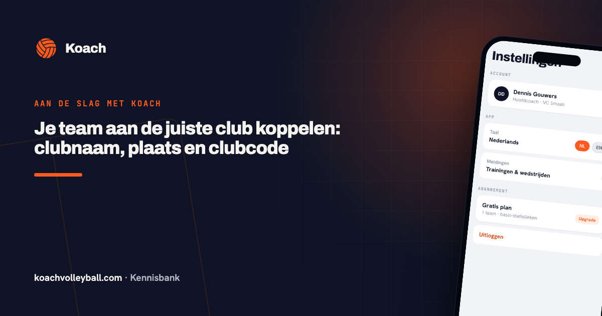 De instellingen van de Koach-app, met de clubnaam, de plaats en de clubcode van een team