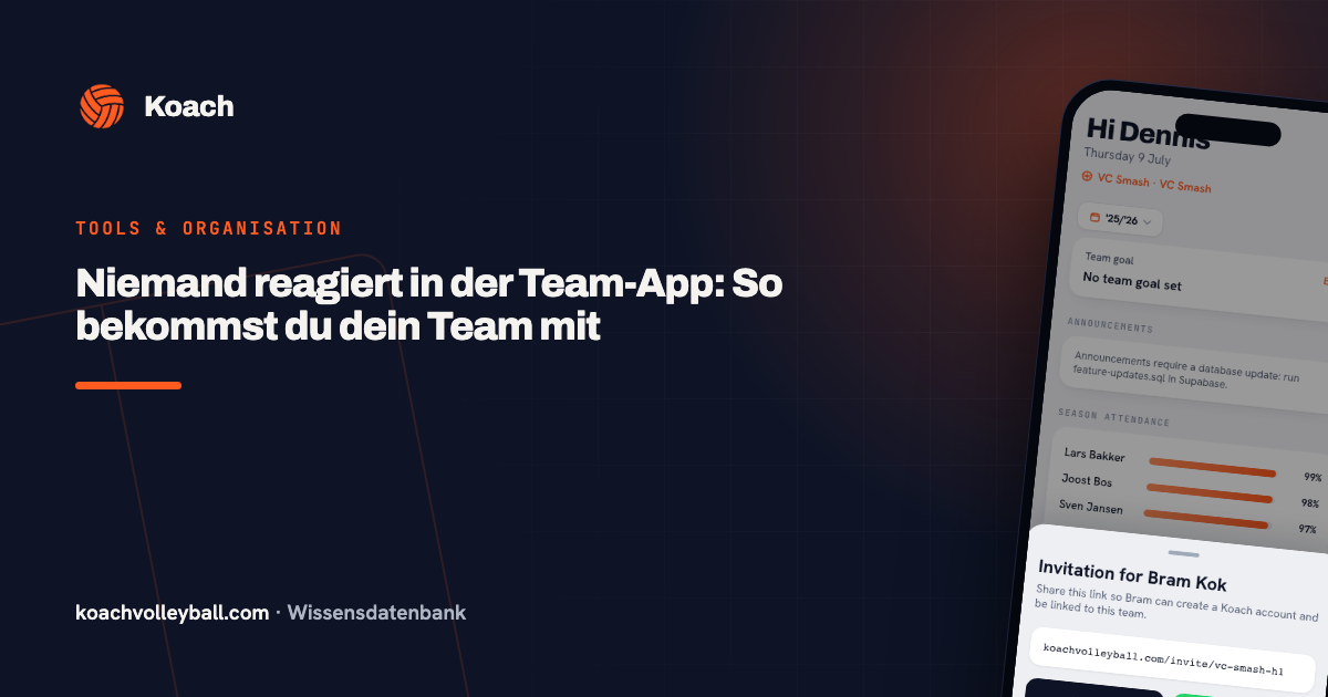 Uitnodigingsscherm in de Koach-app waarmee spelers een persoonlijke link krijgen