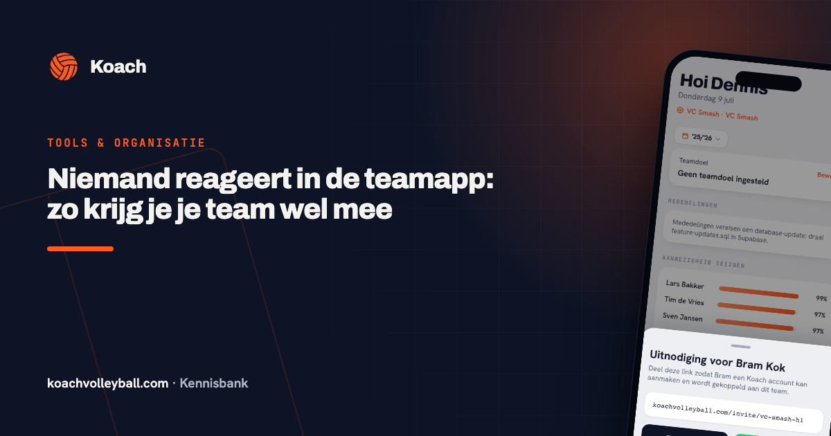 Uitnodigingsscherm in de Koach-app waarmee spelers een persoonlijke link krijgen