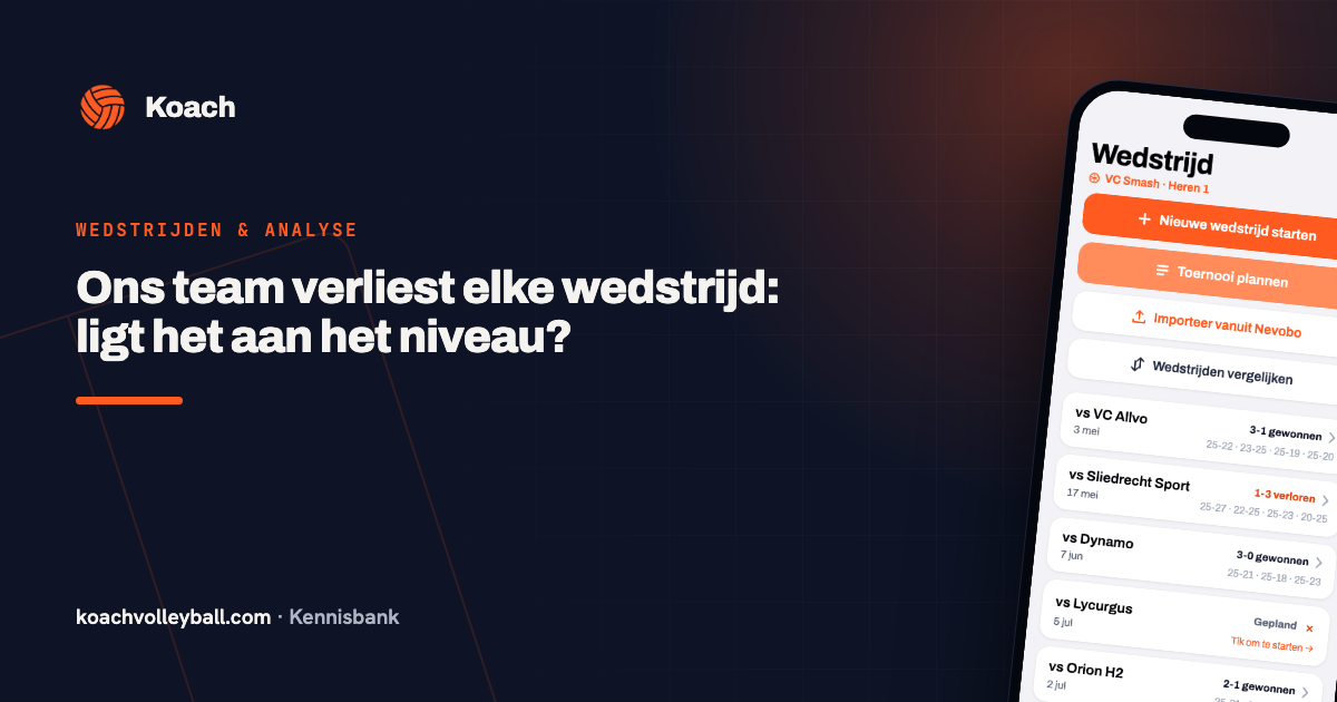 Wedstrijdoverzicht in de Koach-app met per gespeelde wedstrijd de eindstand en alle setstanden