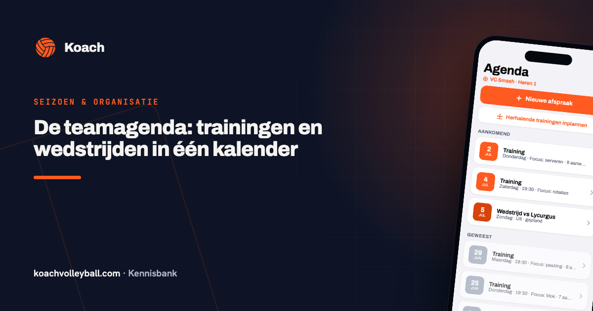 Teamagenda in de Koach-app met trainingen en wedstrijden in één kalender