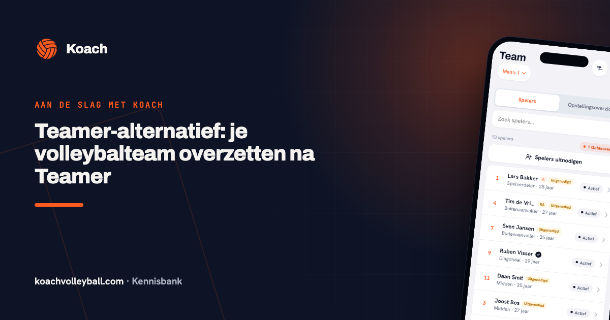 Het tabblad Team in de Koach-app met de knop Spelers uitnodigen boven de spelerslijst, met per speler positie en status