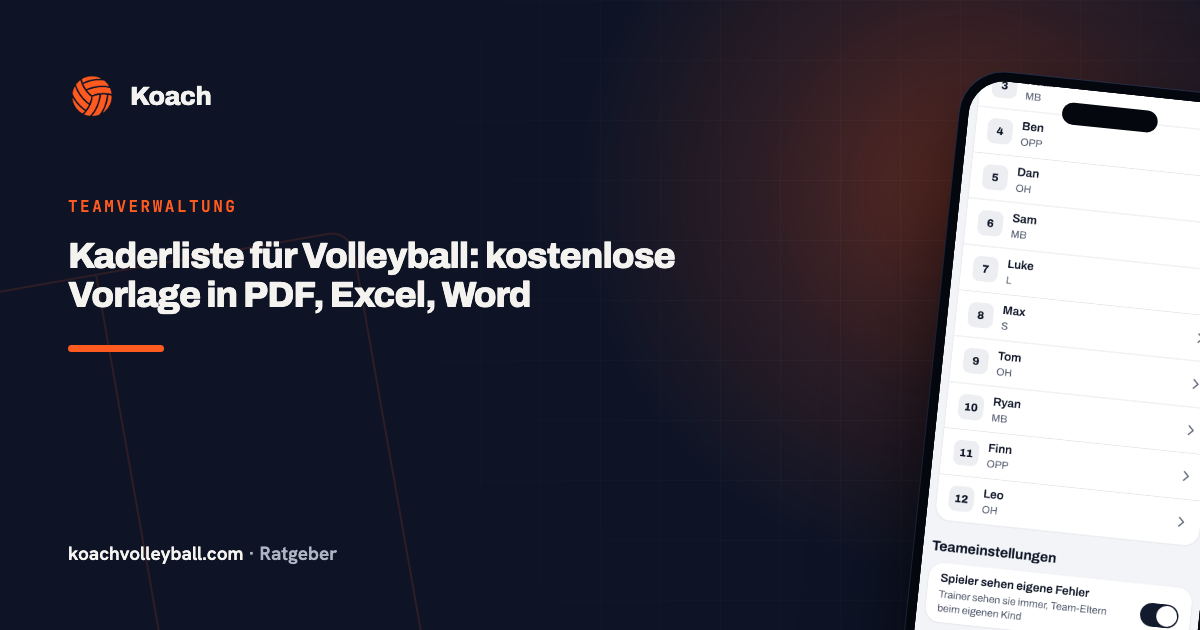 Kaderliste für Volleyball: kostenlose Vorlage in PDF, Excel, Word