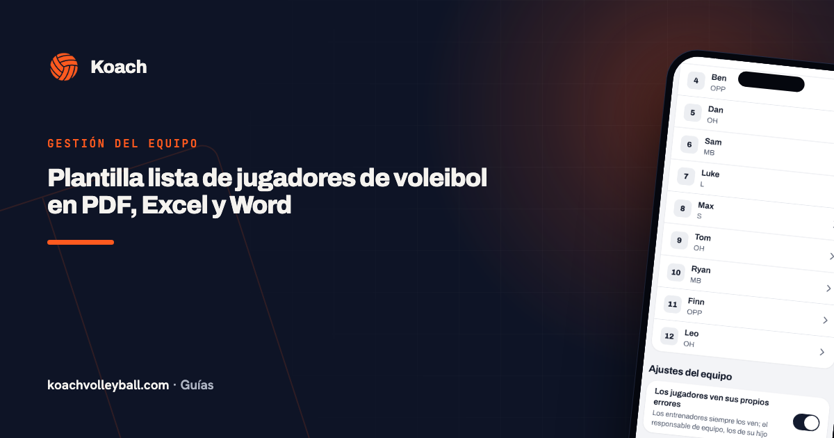 Plantilla lista de jugadores de voleibol en PDF, Excel y Word