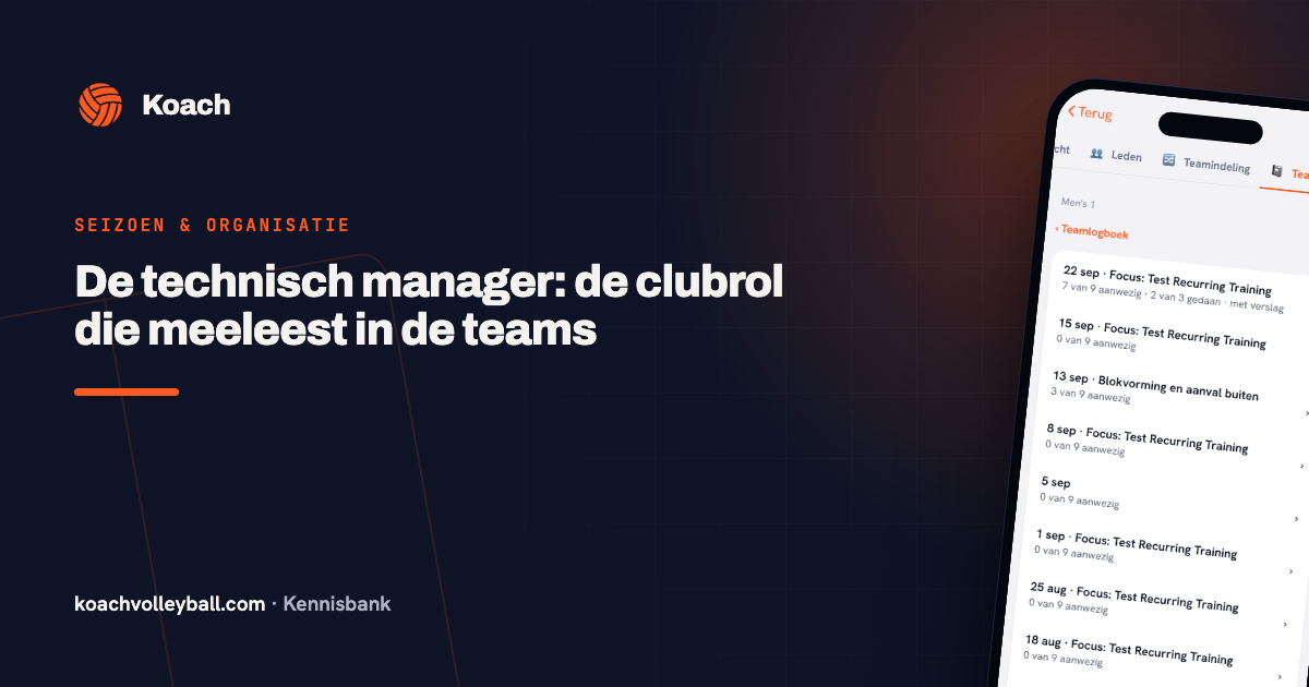 Het teamlogboek in het Koach-clubdashboard met per training de aanwezigheid, het programma en het verslag