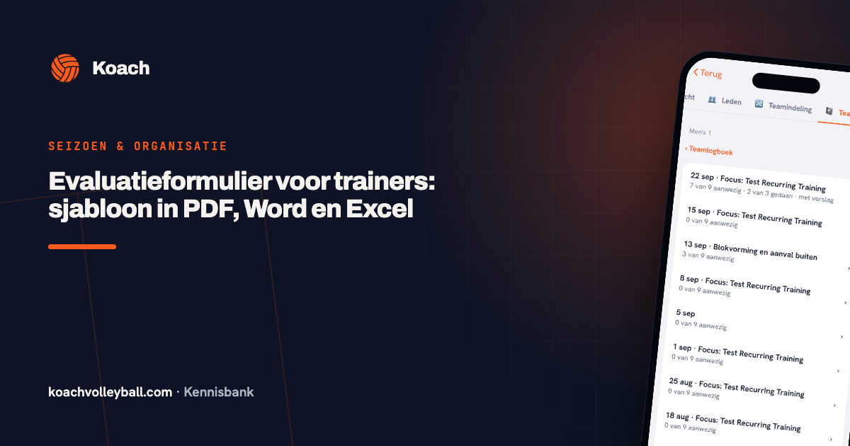 Het logboek van één team in het Koach-clubdashboard met per training de aanwezigheid, de gedaan-stand en het verslag