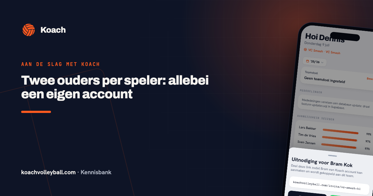 Het uitnodigingsscherm in de Koach-app, waar een trainer een ouder aan een speler koppelt