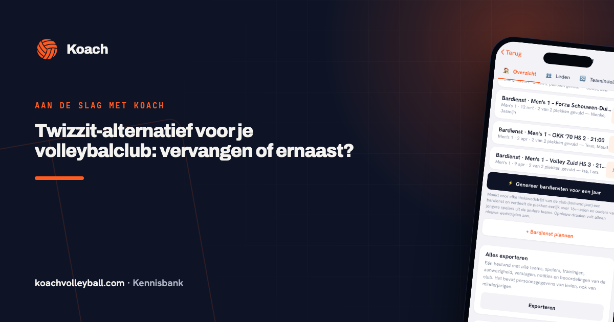 Het tabblad Overzicht van het Koach-clubdashboard met geplande bardiensten, de knop om ze te genereren en Alles exporteren