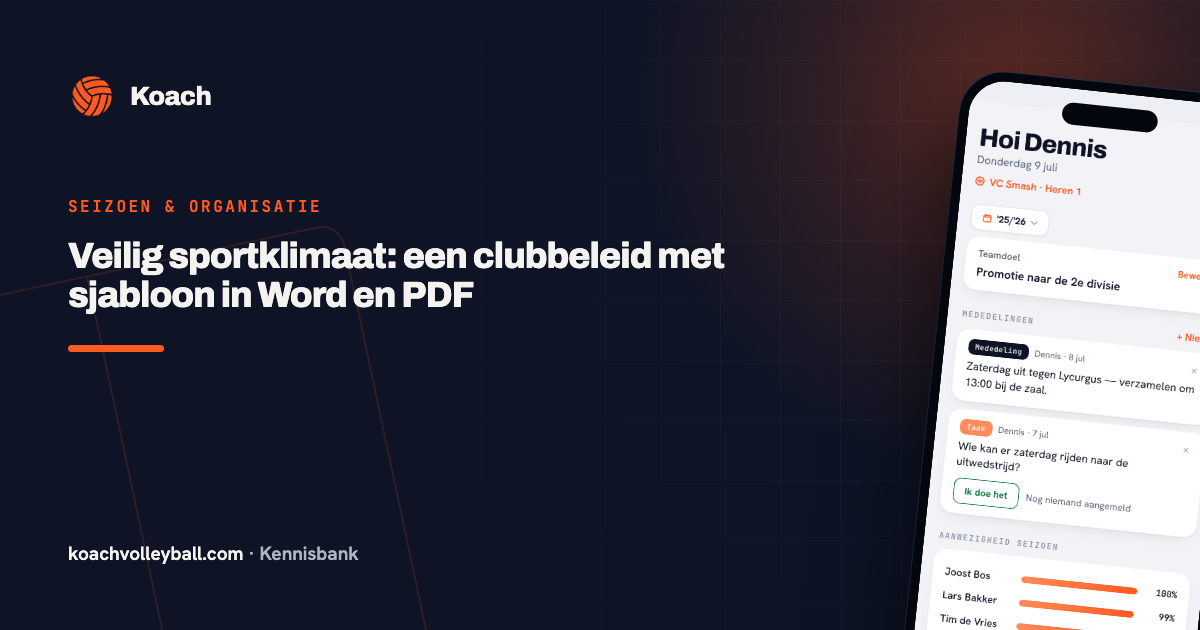 Teamdashboard in de Koach-app met onder Mededelingen een mededeling en een taak van de trainer voor het hele team