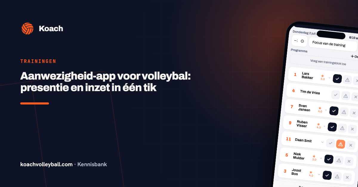 Aanwezigheidsregistratie in de Koach-app met presentie en inzetscore per speler