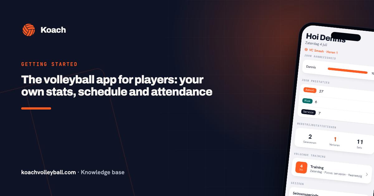 Spelersdashboard in de Koach volleybal-app voor spelers met eigen statistieken en aanwezigheid