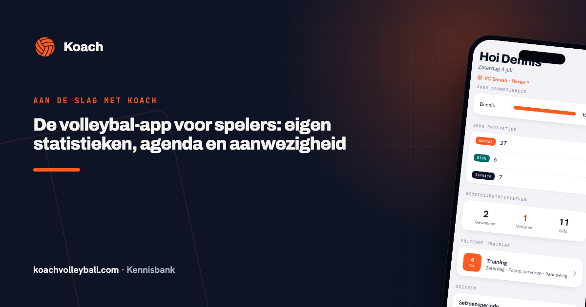 Spelersdashboard in de Koach volleybal-app voor spelers met eigen statistieken en aanwezigheid