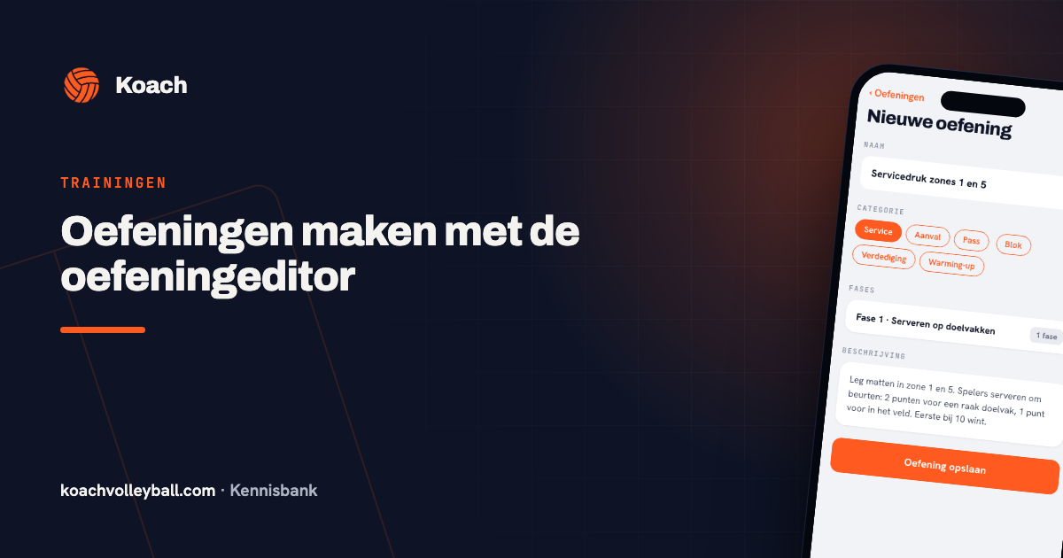Oefeningeditor in de Koach-app met naam, categorie-chips, fases en beschrijving