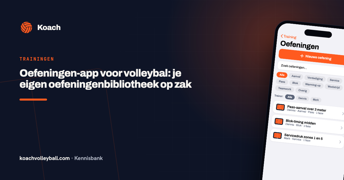 Oefeningenbibliotheek in de Koach-app met categorieën en zoekfunctie