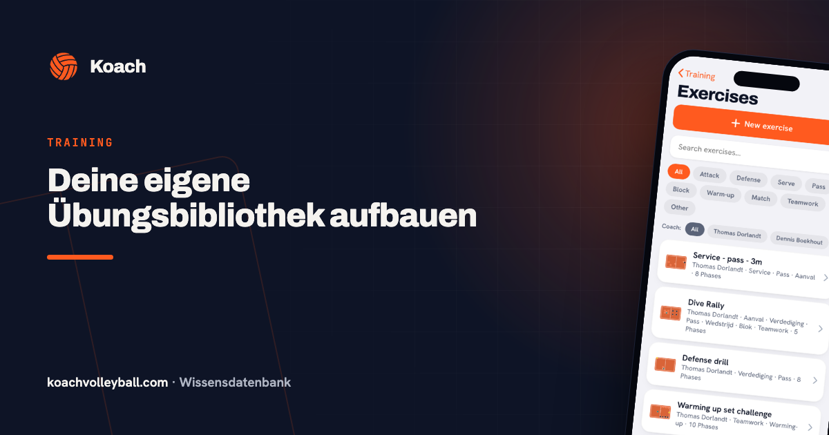 Oefeningenbibliotheek in de Koach-app met zoekfunctie en categorieën