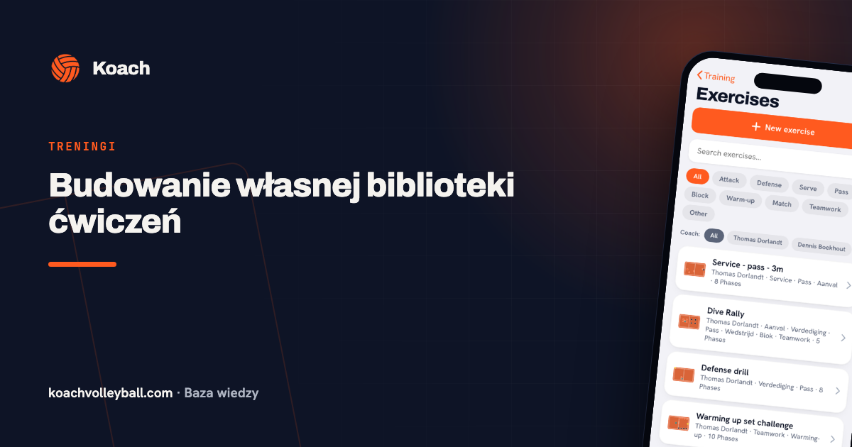 Oefeningenbibliotheek in de Koach-app met zoekfunctie en categorieën