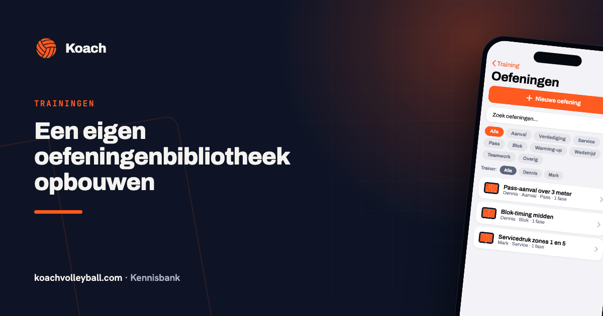 Oefeningenbibliotheek in de Koach-app met zoekfunctie en categorieën