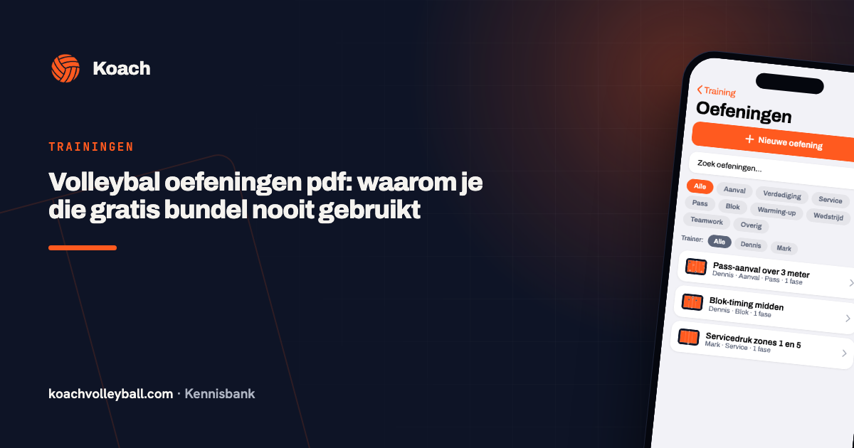 Oefeningenscherm in de Koach-app met zoekbalk, categoriechips en drie oefeningen in de lijst