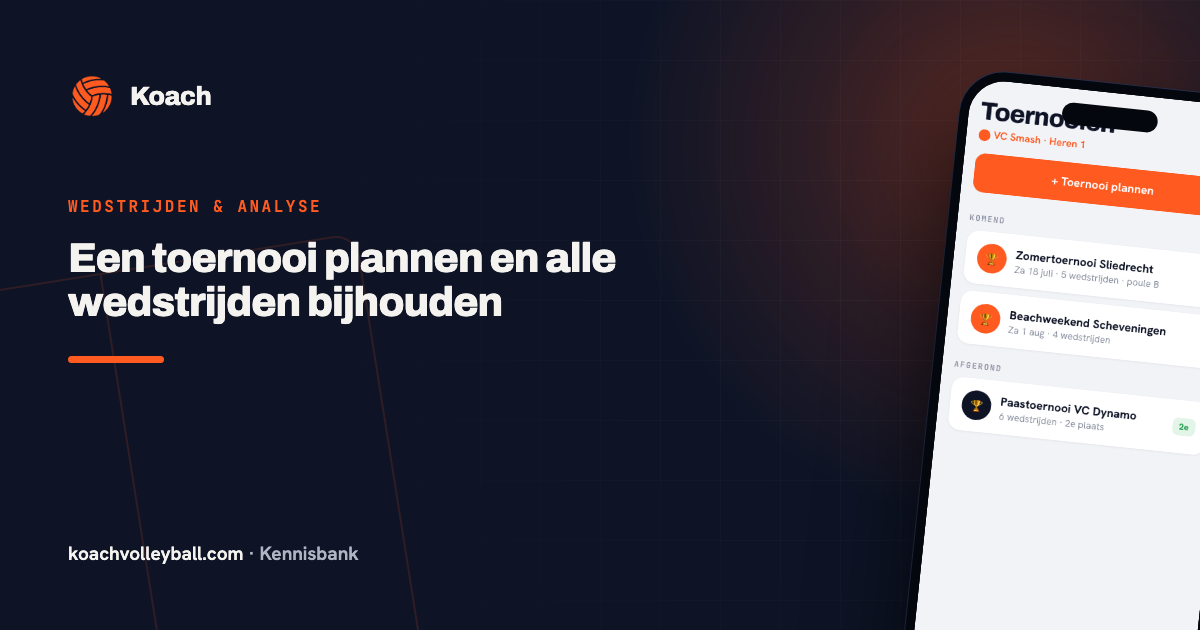 Toernooioverzicht in de Koach-app met komende en afgeronde toernooien