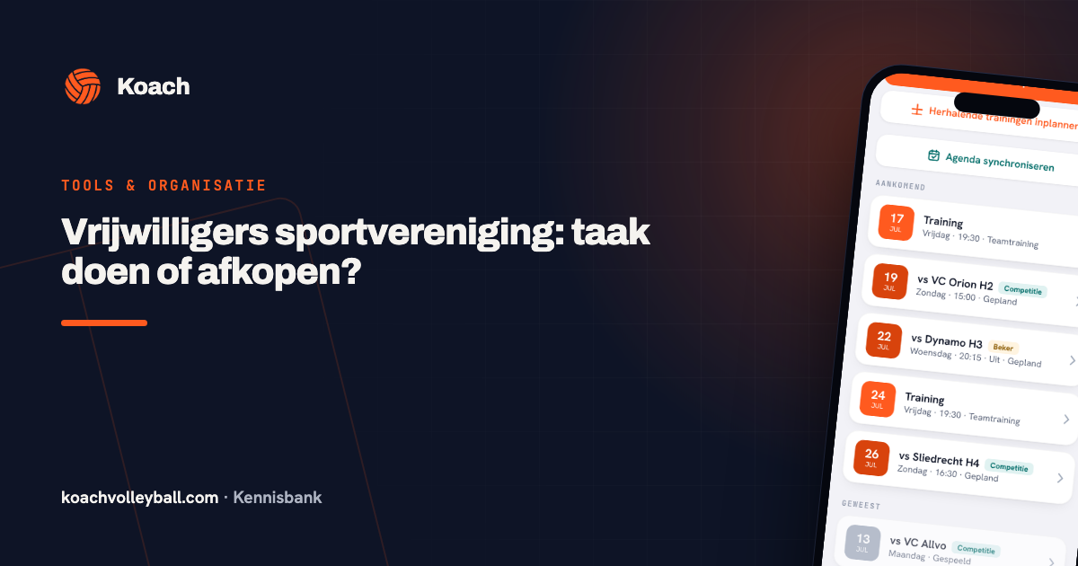 Agenda in de app met de komende trainingen, wedstrijden en een ingeplande bardienst