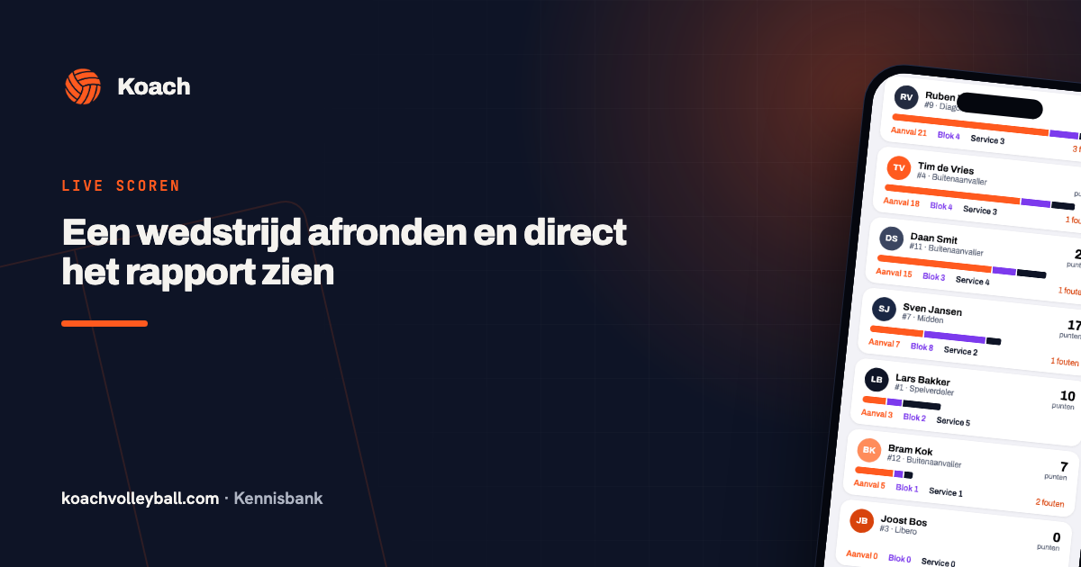 Wedstrijdrapport in de Koach-app met statistieken per speler direct na het afronden
