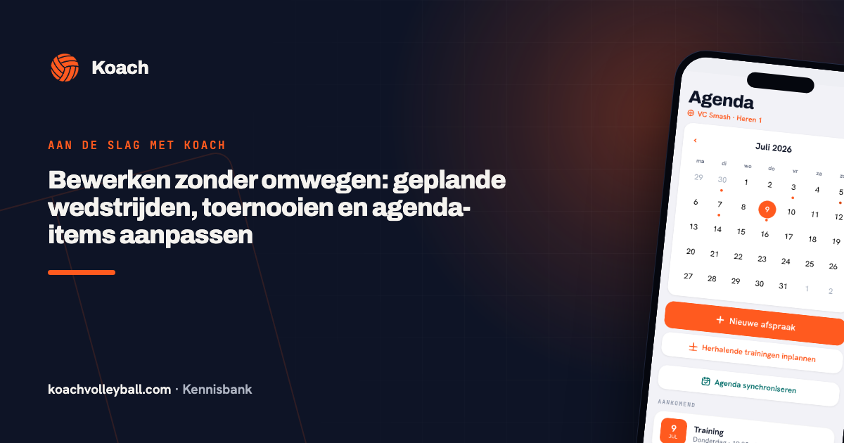 De agenda in de Koach-app met trainingen, wedstrijden en overige afspraken