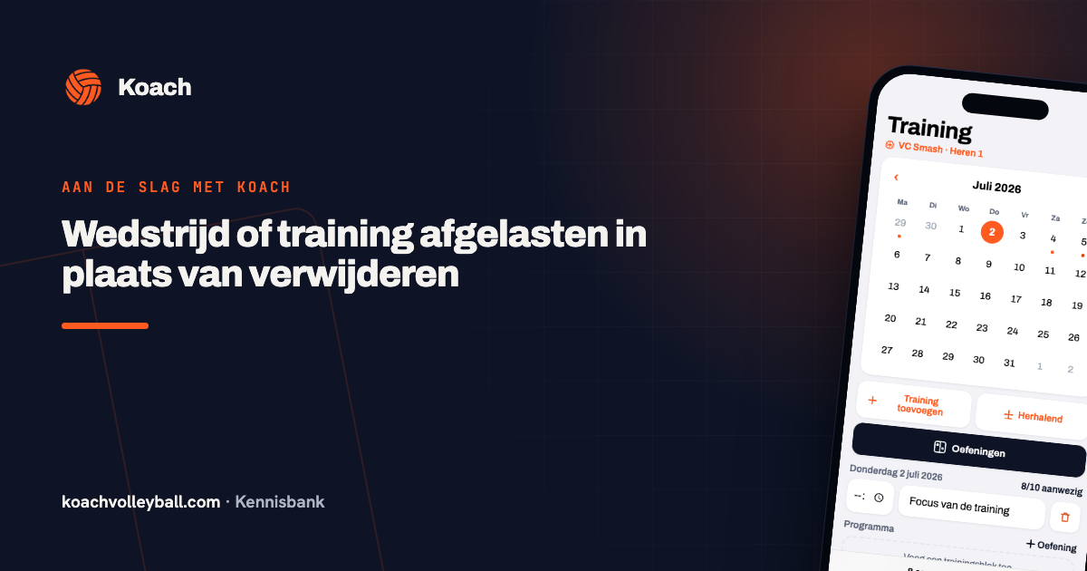 Het trainingsscherm in de Koach-app met de aanwezigheid en het oefenprogramma van die avond