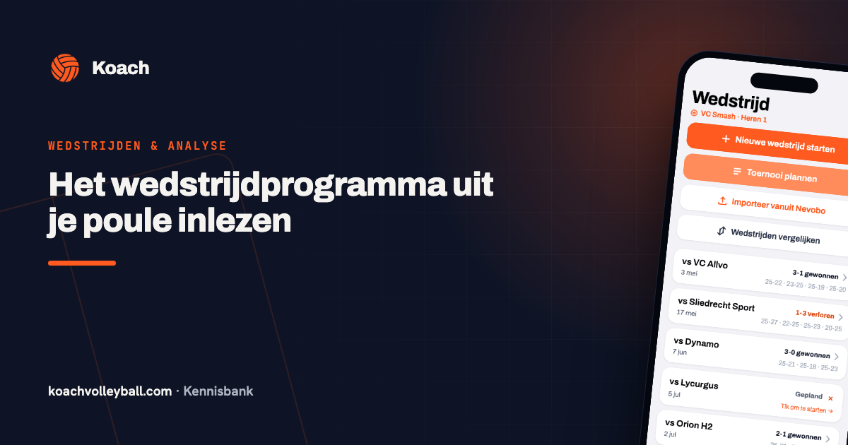 Wedstrijdoverzicht in de Koach-app met het ingelezen programma uit de Nevobo-poule