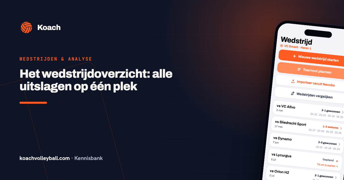 Wedstrijdoverzicht in de Koach-app met uitslagen per wedstrijd