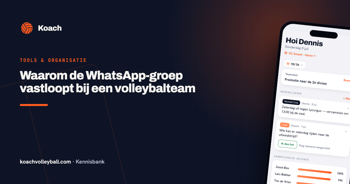 Dashboard in de Koach-app met de eerstvolgende training, wedstrijd en openstaande polls