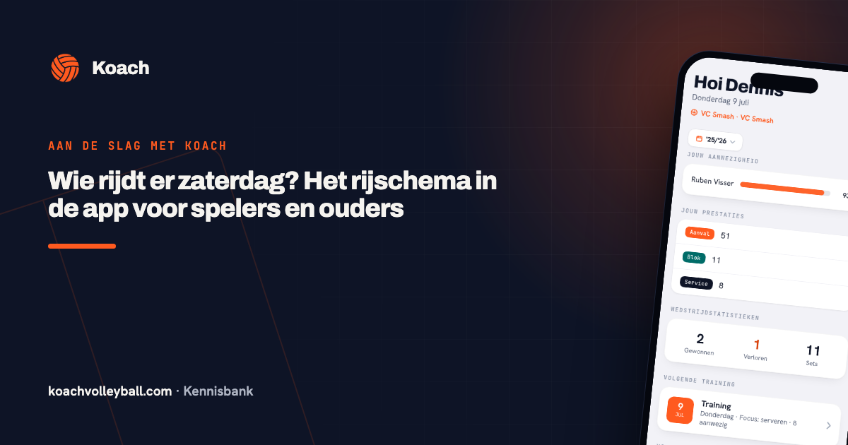 Het spelersdashboard van de Koach-app, waar de eerstvolgende eigen rit als kaart verschijnt